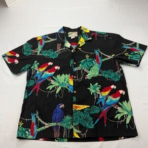 Vintage Paradise Found Hawaiian Shirt Mens Large Black Parrot Tropical Cotton